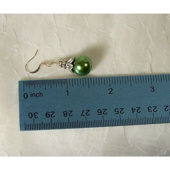 Sterling Silver 12mm Green Glass Pearl Earrings Caps Accent Beads Shepherd Hook - Picture 4 of 4